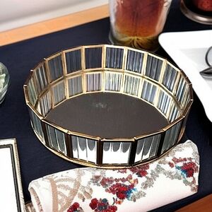 Metal Glass Vanity Tray Mirrored Perfume Dresser Gold Tone Round Victorian Style